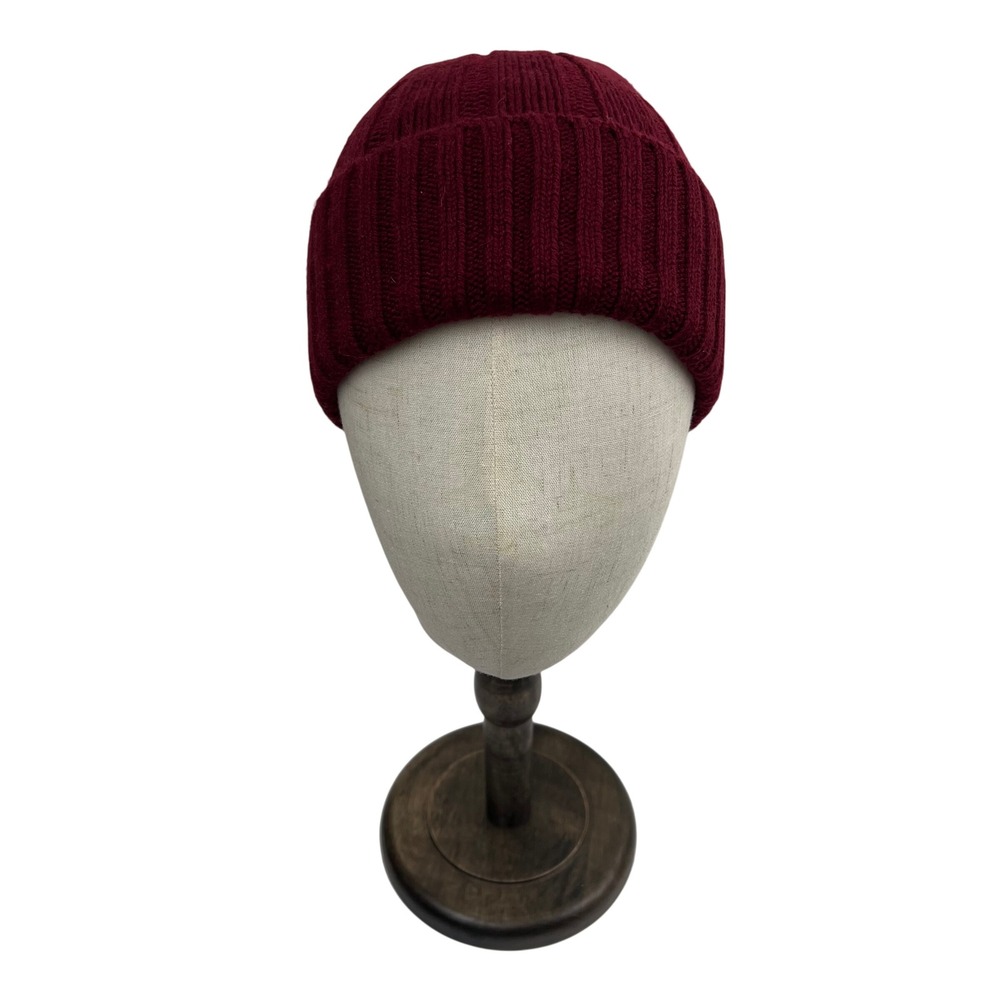 Lands End Burgundy Wool Cashmere Ribbed Knit Cuffed Beanie Hat Luxury O/S